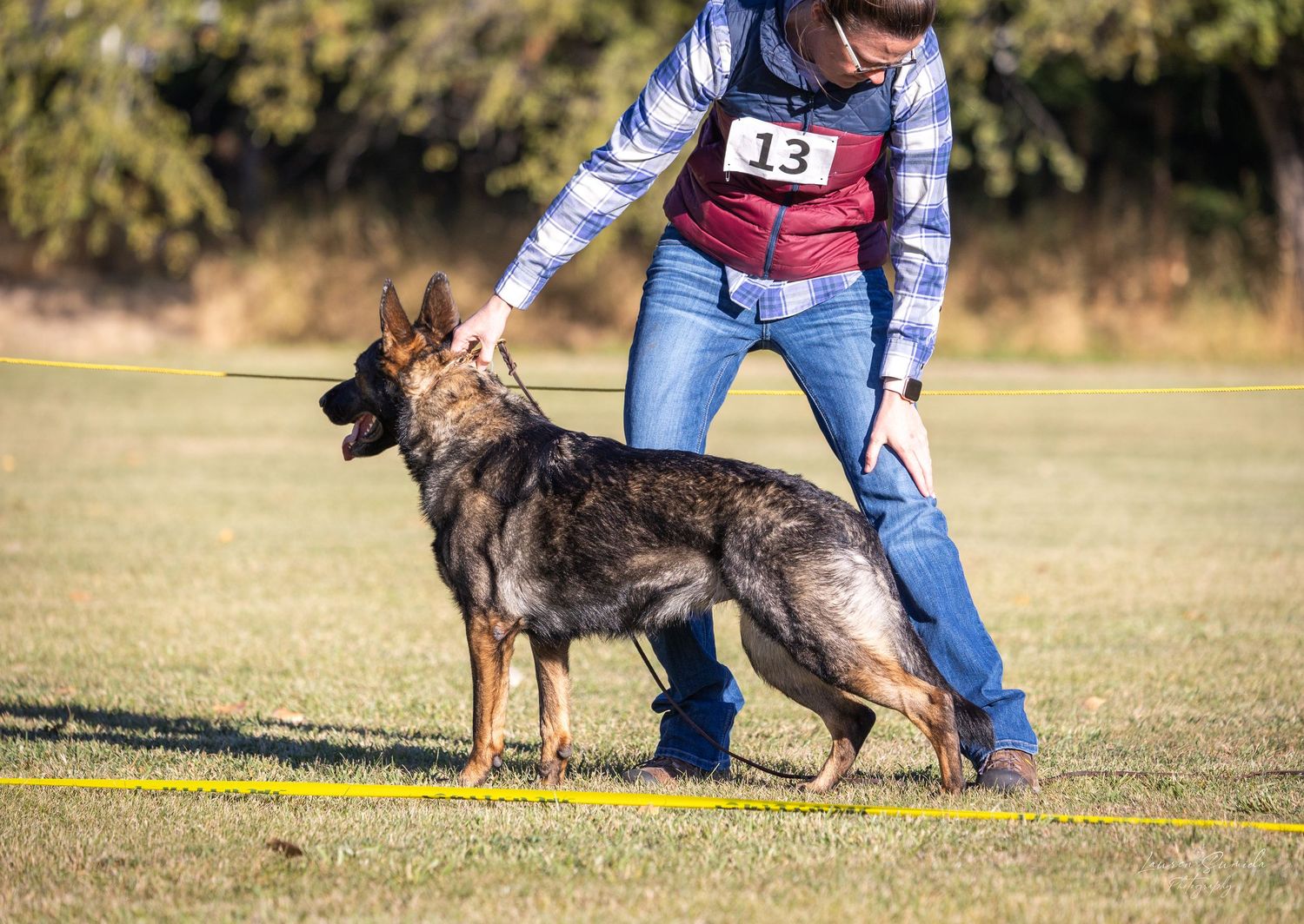 Dog and handler team practicing obedience exercises on a sunny training field.