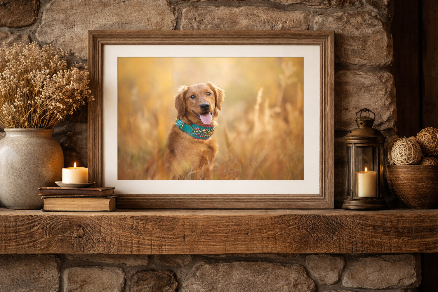 Golden retriever portrait in wooden frame displayed on stone mantel with decorative accents.