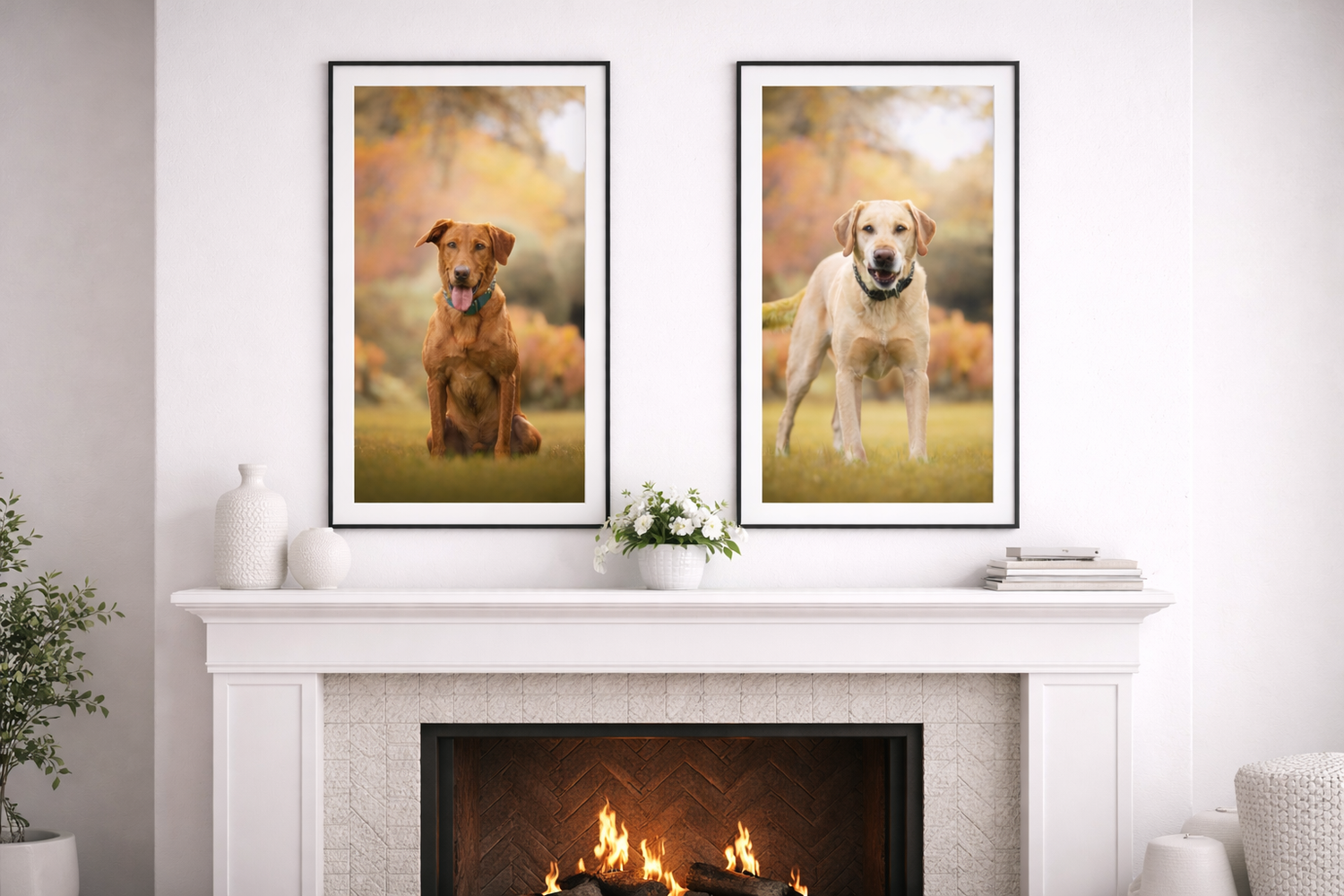 Two dog portraits in matching frames displayed above white fireplace with glowing flames.