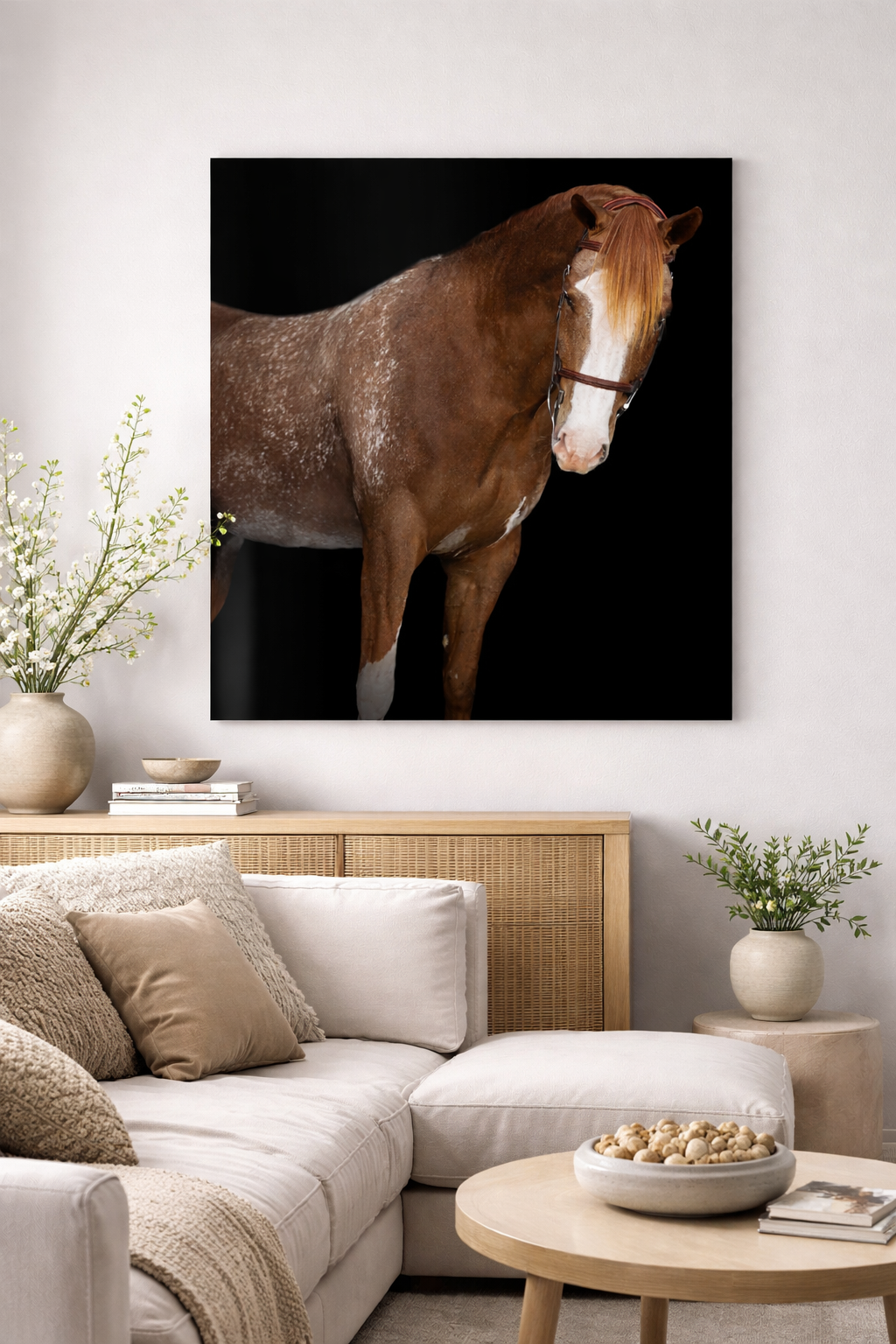 Contemporary living space decorated with dramatic horse photography and natural elements.