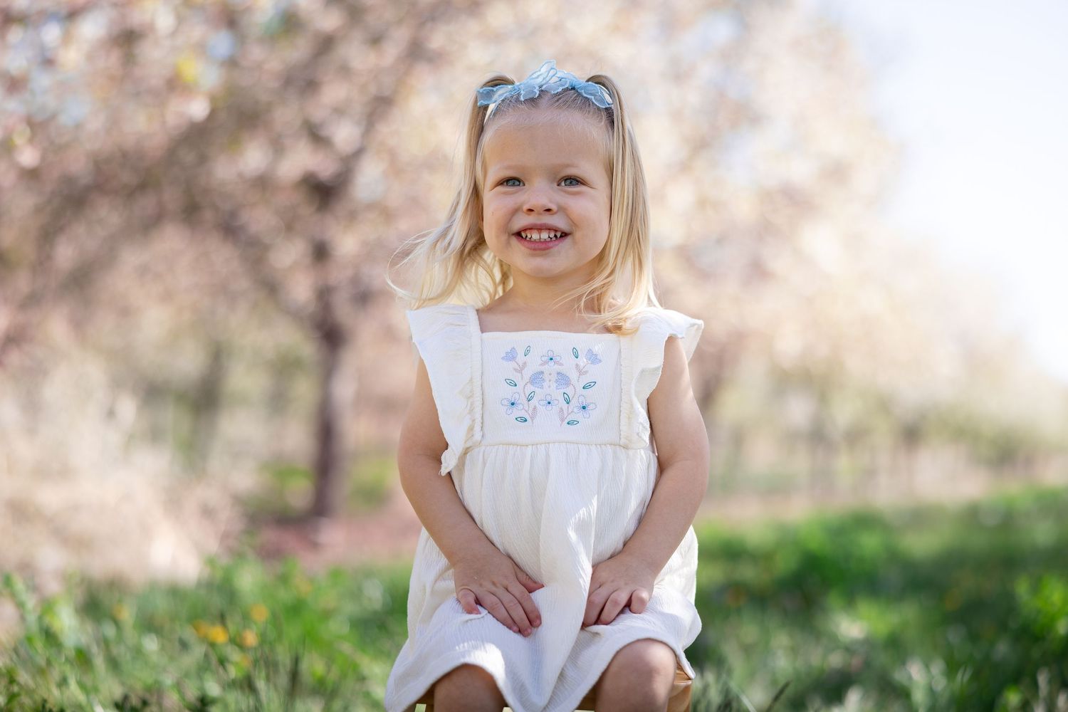 Child wearing white dress smiling in spring garden with cherry blossoms.