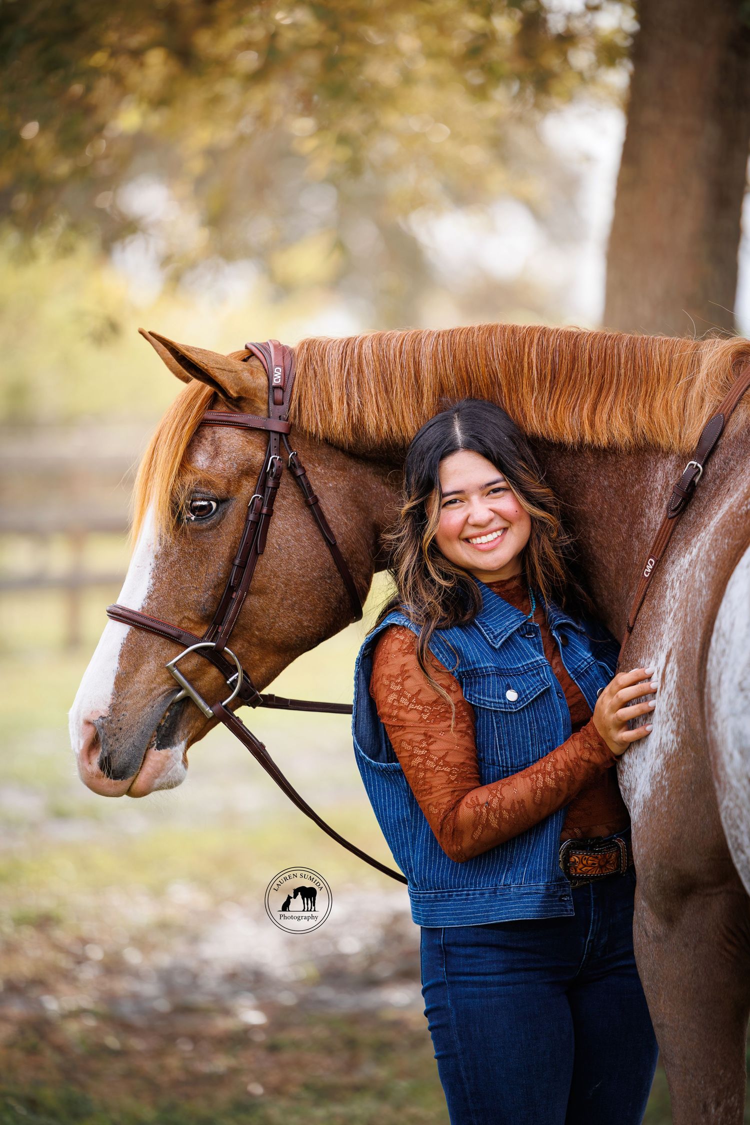 A chestnut horse with bright expression poses with someone wearing denim and brown accessories.
