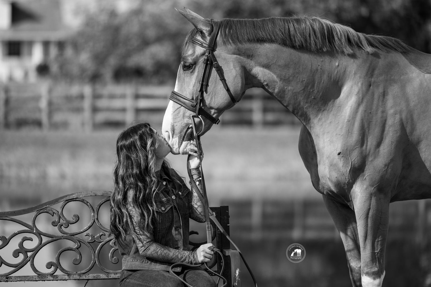 Black and white portrait of a horse and rider against a moody background.