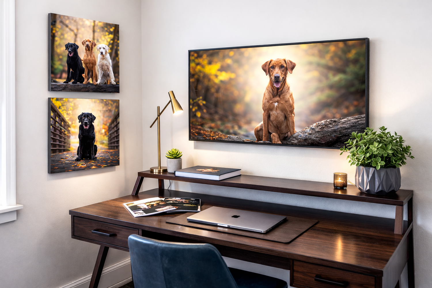 A home office setup with a dark wooden desk, wall-mounted artwork, and ambient lighting creates a cozy workspace.