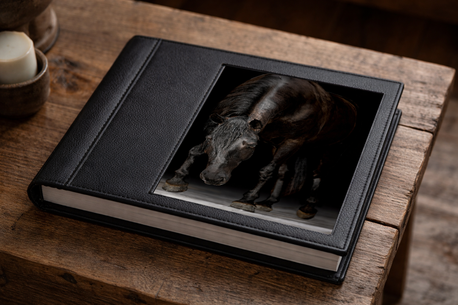 Dark artistic photo of a black dog displayed in an elegant leather-bound album on wooden surface.