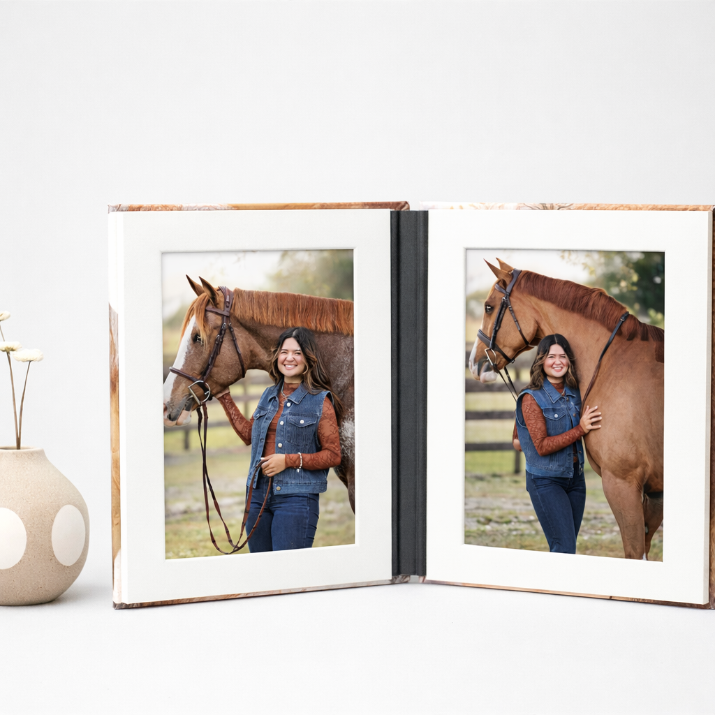 Multiple views of a photo album showing equestrian portraits displayed in a white leather-bound book.