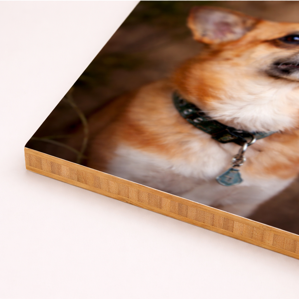 Edge detail of a wooden photo frame or canvas showing bamboo construction.
