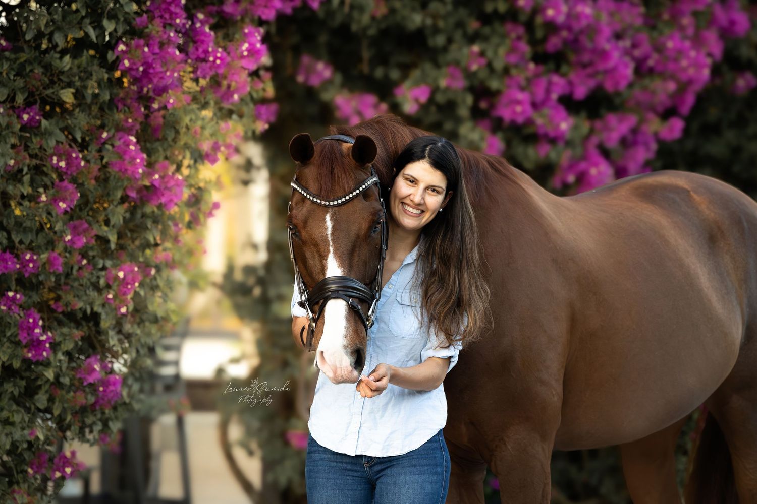 Horse standing near vibrant purple bougainvillea flowers in garden setting.