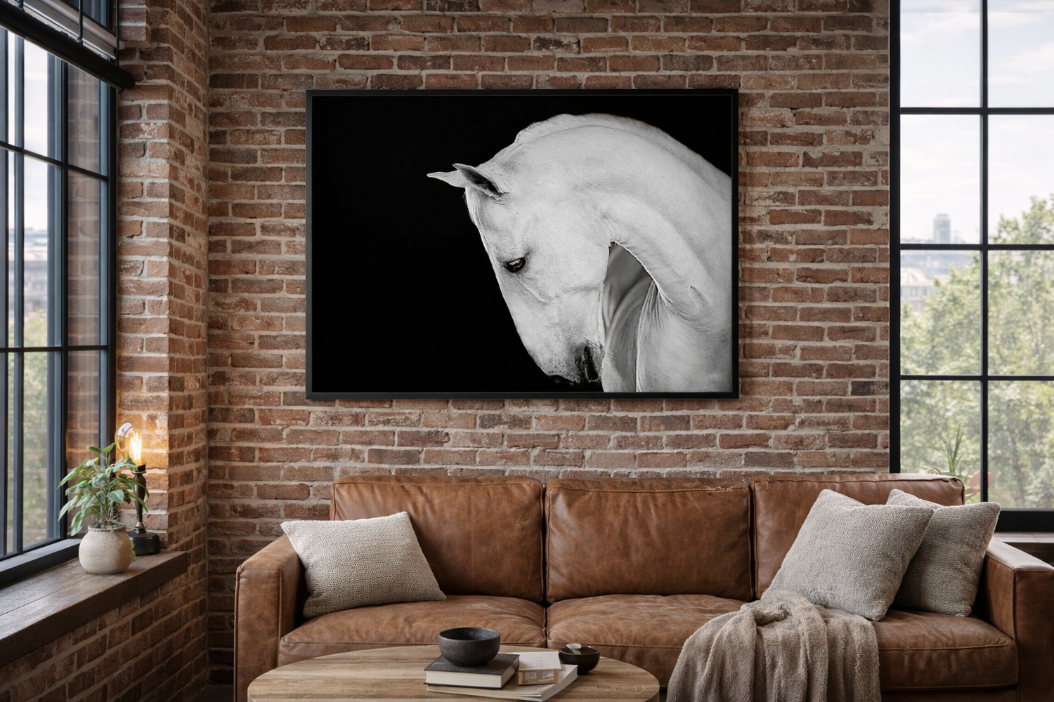 Industrial chic living room with exposed brick walls and equestrian artwork as focal points.