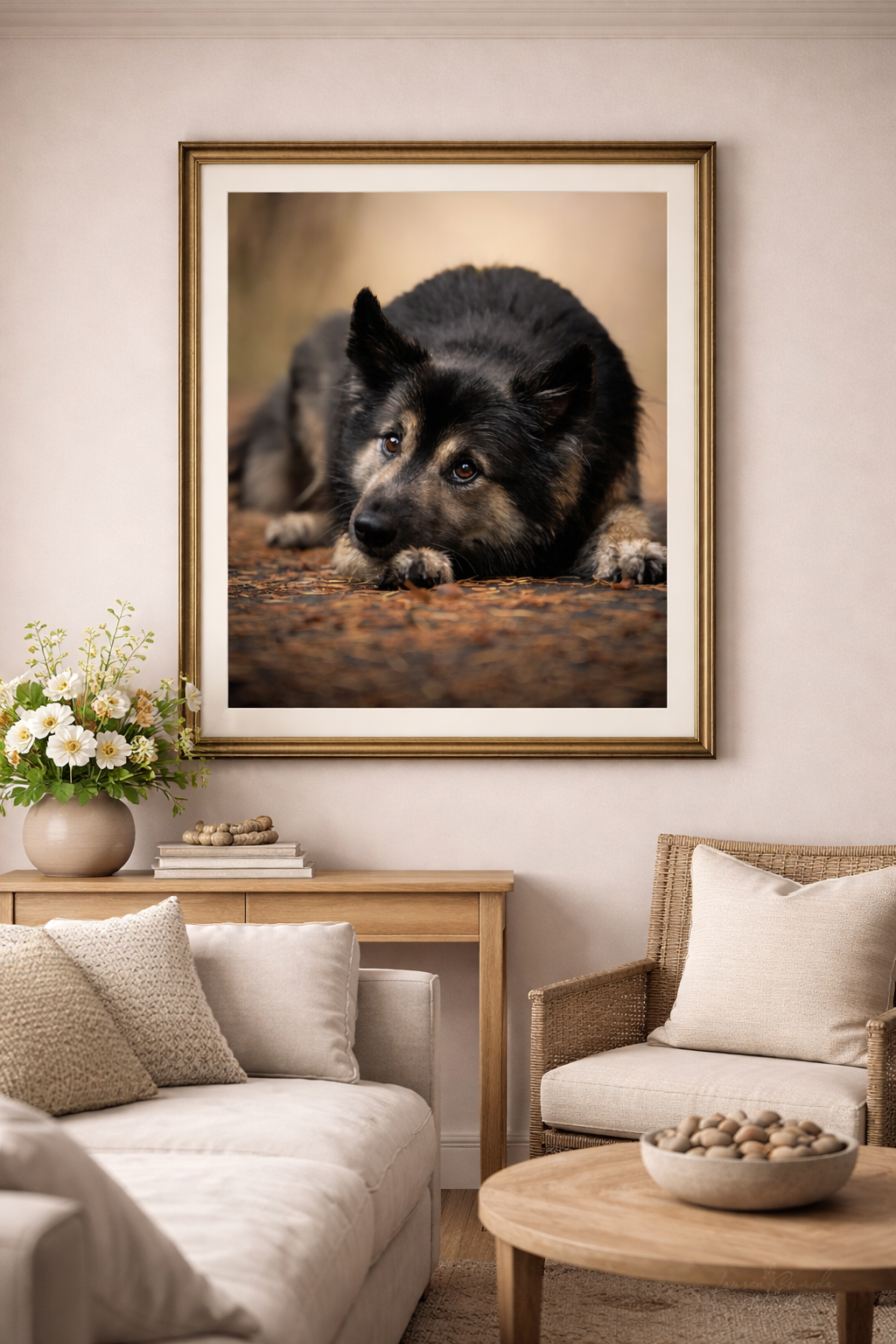 Modern living room interior with framed dog portraits and neutral decor featuring beige furnishings.
