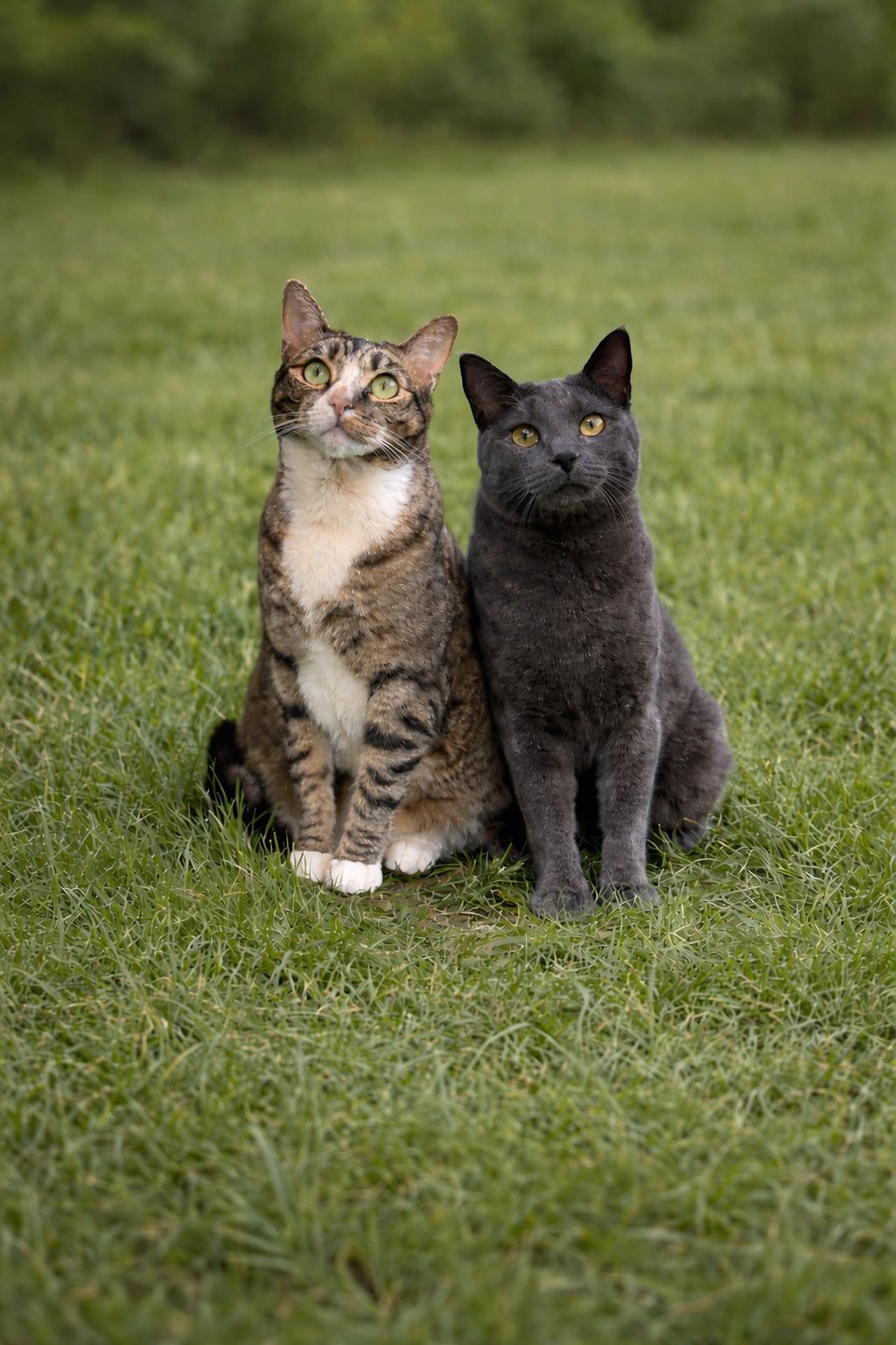 Two cats, one tabby and one black, sitting together on green grass looking upward.