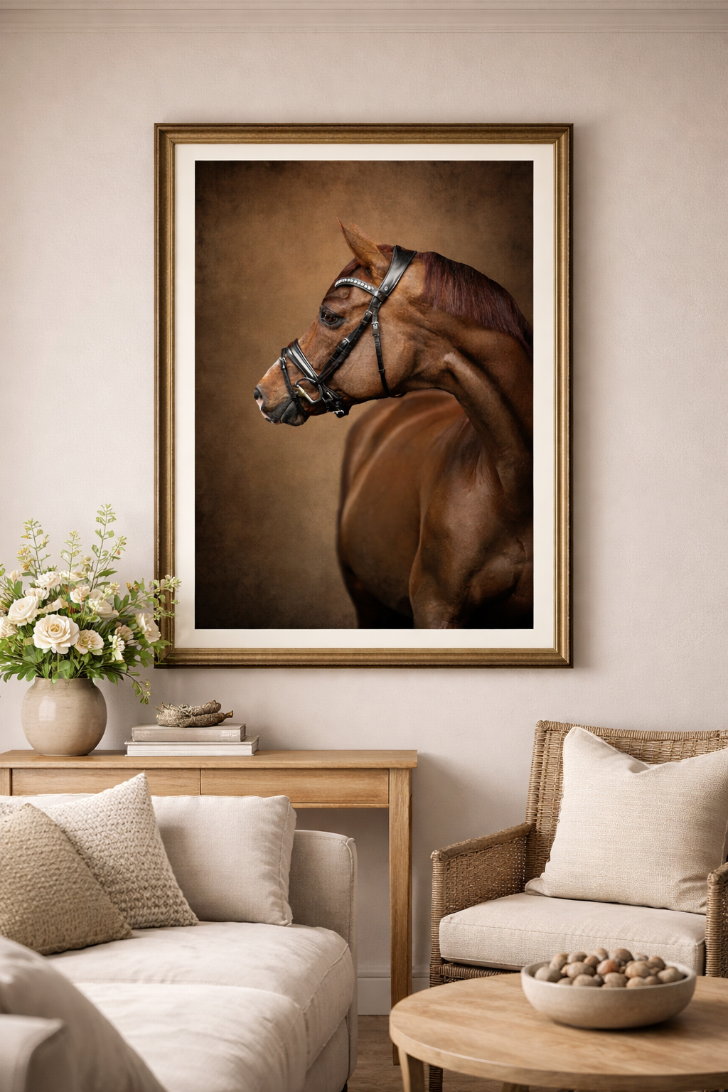 Stylish living room with equestrian art prints displayed above comfortable neutral seating.