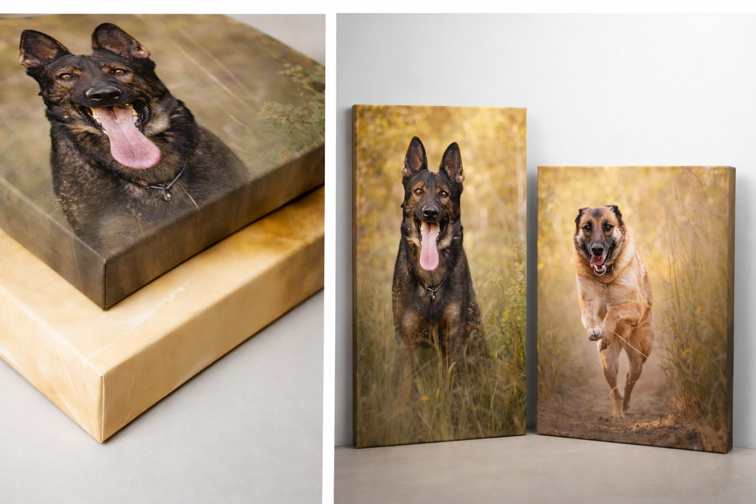 Canvas prints of a German Shepherd dog portrait and a running Belgian Malinois in a golden field, displayed on stacked canvases.