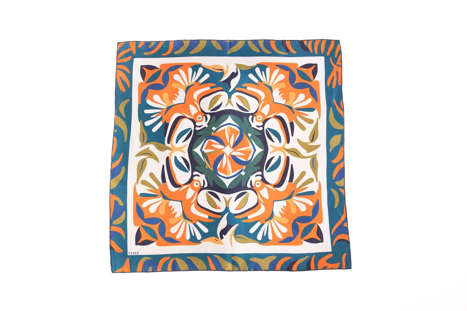 A colorful floral pattern with orange and blue decorative elements arranged in a symmetrical design against a white background.