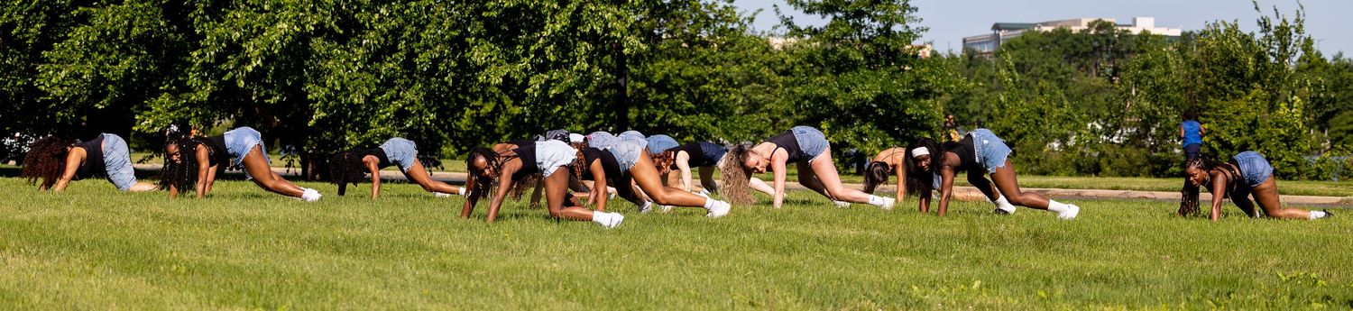 Group of people practicing outdoor yoga in downward dog pose on green grass under trees on a sunny day.