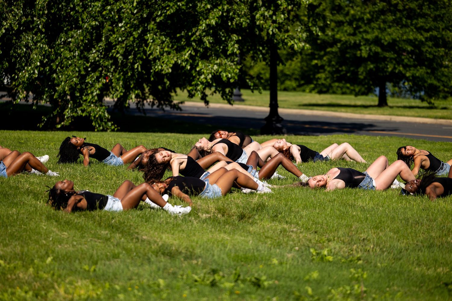 Group of people doing sit-ups on green grass in a sunny park with trees in the background.
