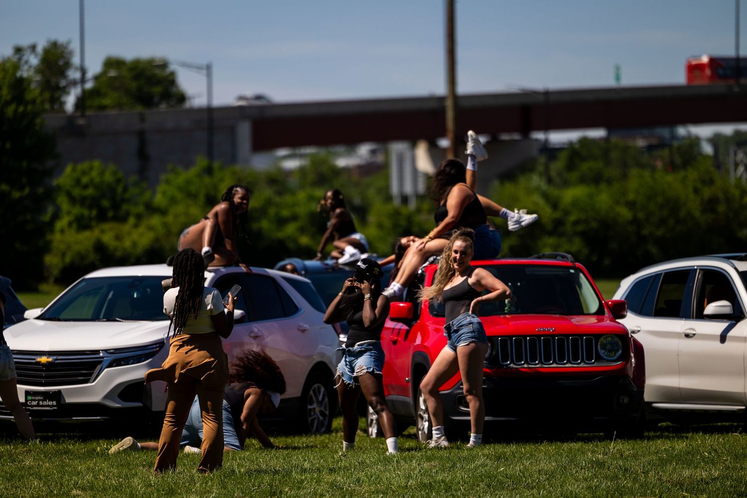 People gathered around cars on a sunny day near a highway overpass, socializing outdoors on a green lawn.