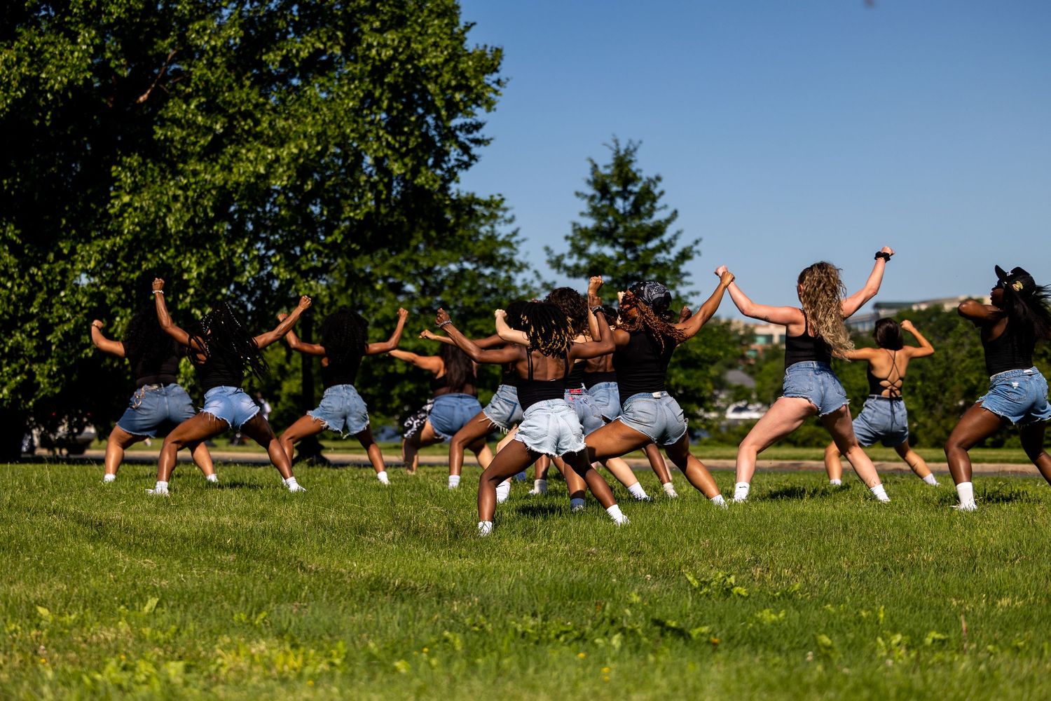 A dance team performs synchronized choreography on a green lawn outdoors under a clear blue sky.