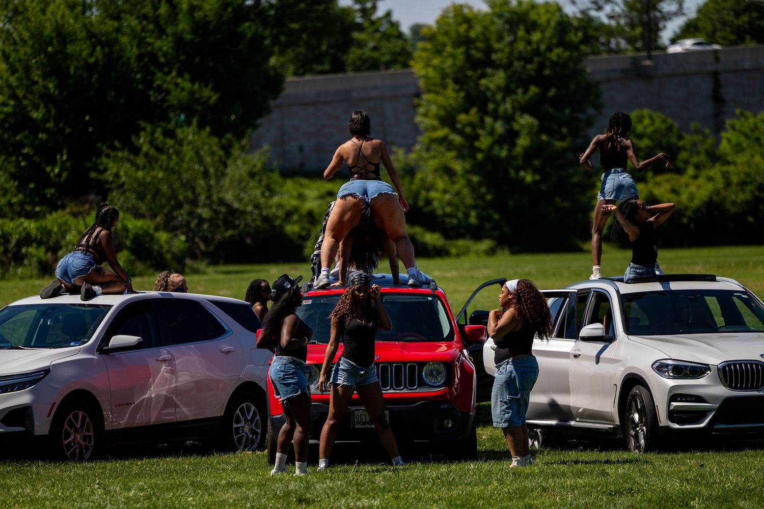 People standing on top of cars parked on grass at an outdoor event on a sunny day.
