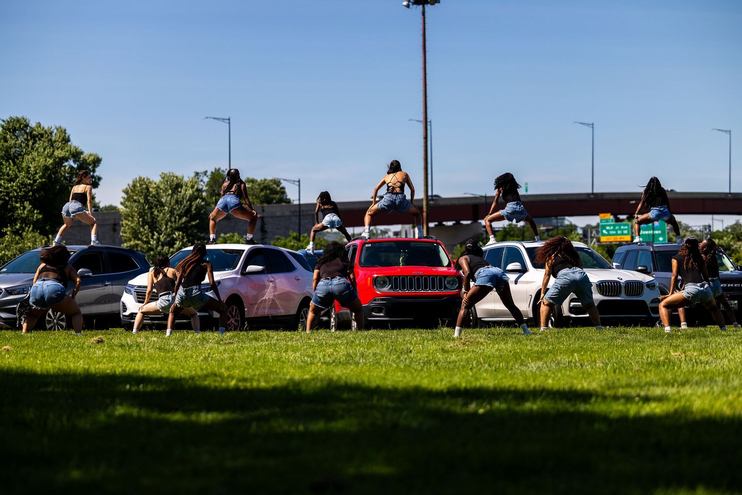 Group of people posing on and around cars parked on grass near a highway overpass on a sunny day.