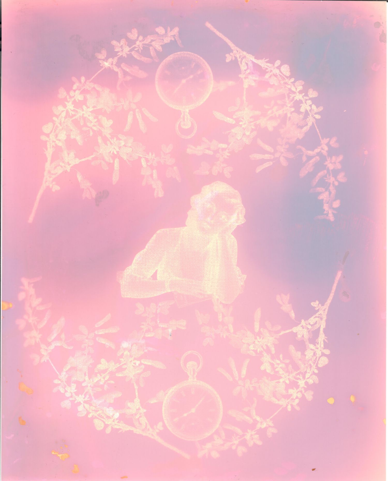 Lumen print of a collage with a woman surronded by branches and  two stop watches