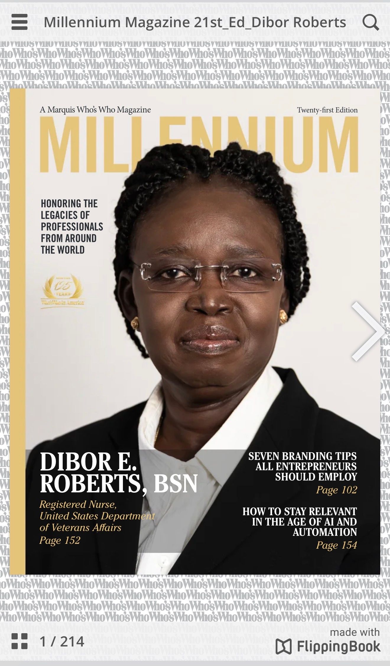 Magazine cover featuring a professional in business attire with title Millennium Magazine.
