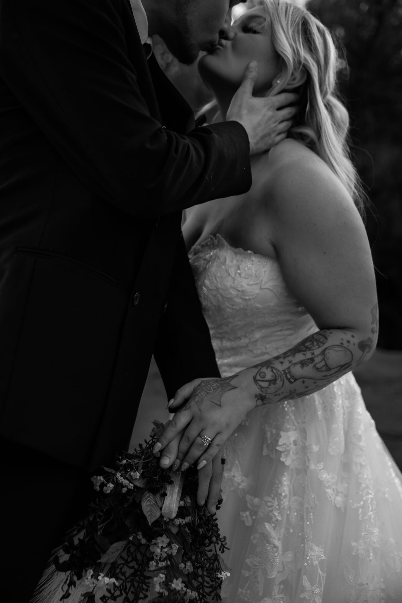 Romantic black and white wedding photography series showing tender moments. Sedona arizona