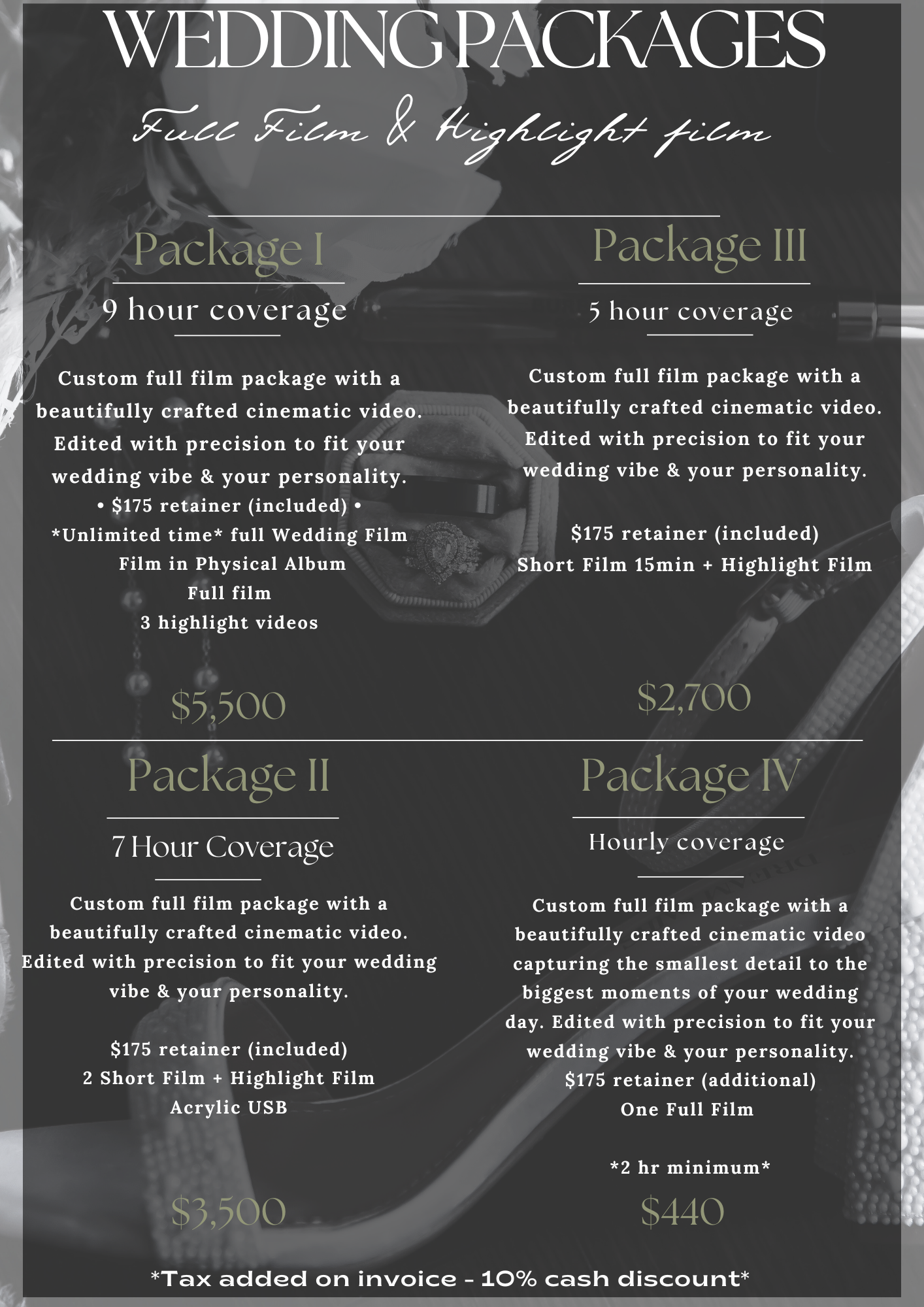Wedding videography packages flyer showing four options ranging from $440 hourly to $5,500 full film with highlight videos.