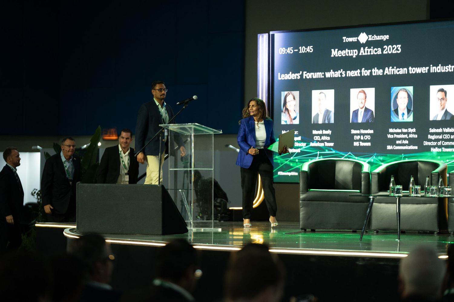 Speakers on stage at the TowerXchange Meetup Africa 2023 Leaders Forum conference event.
