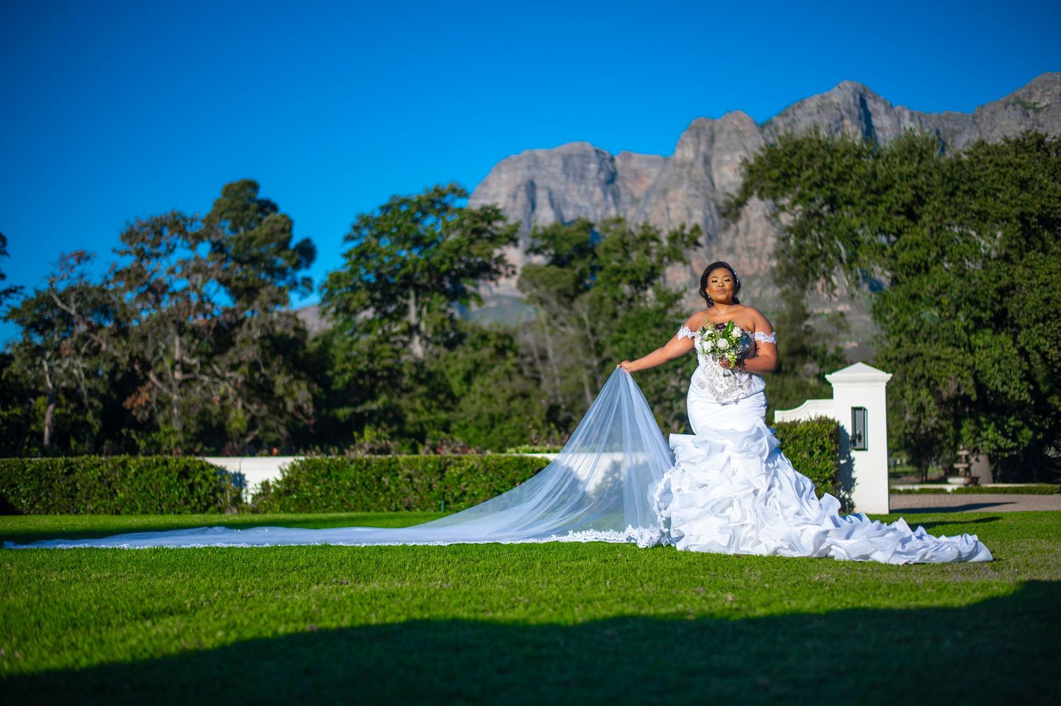 Bride in dramatic mermaid wedding gown with long veil posing on green lawn with stunning mountain range backdrop.