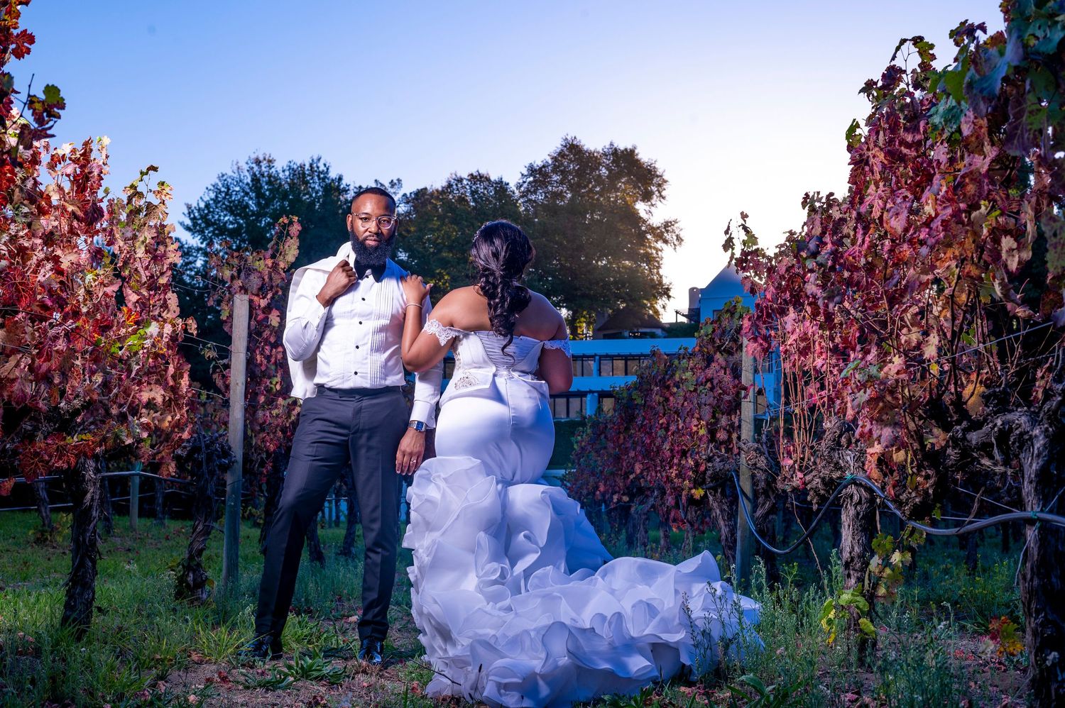 Bride and groom posing romantically among colorful autumn vineyard rows at dusk in elegant wedding attire.