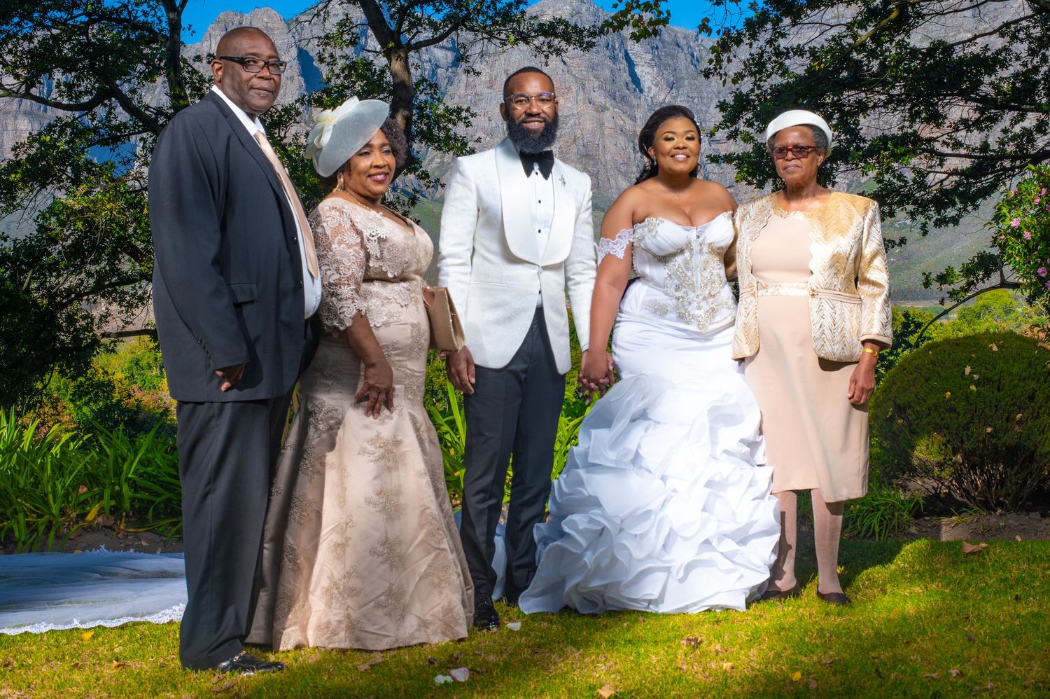 Wedding party family portrait with bride and groom in white attire surrounded by four relatives against mountain scenery.