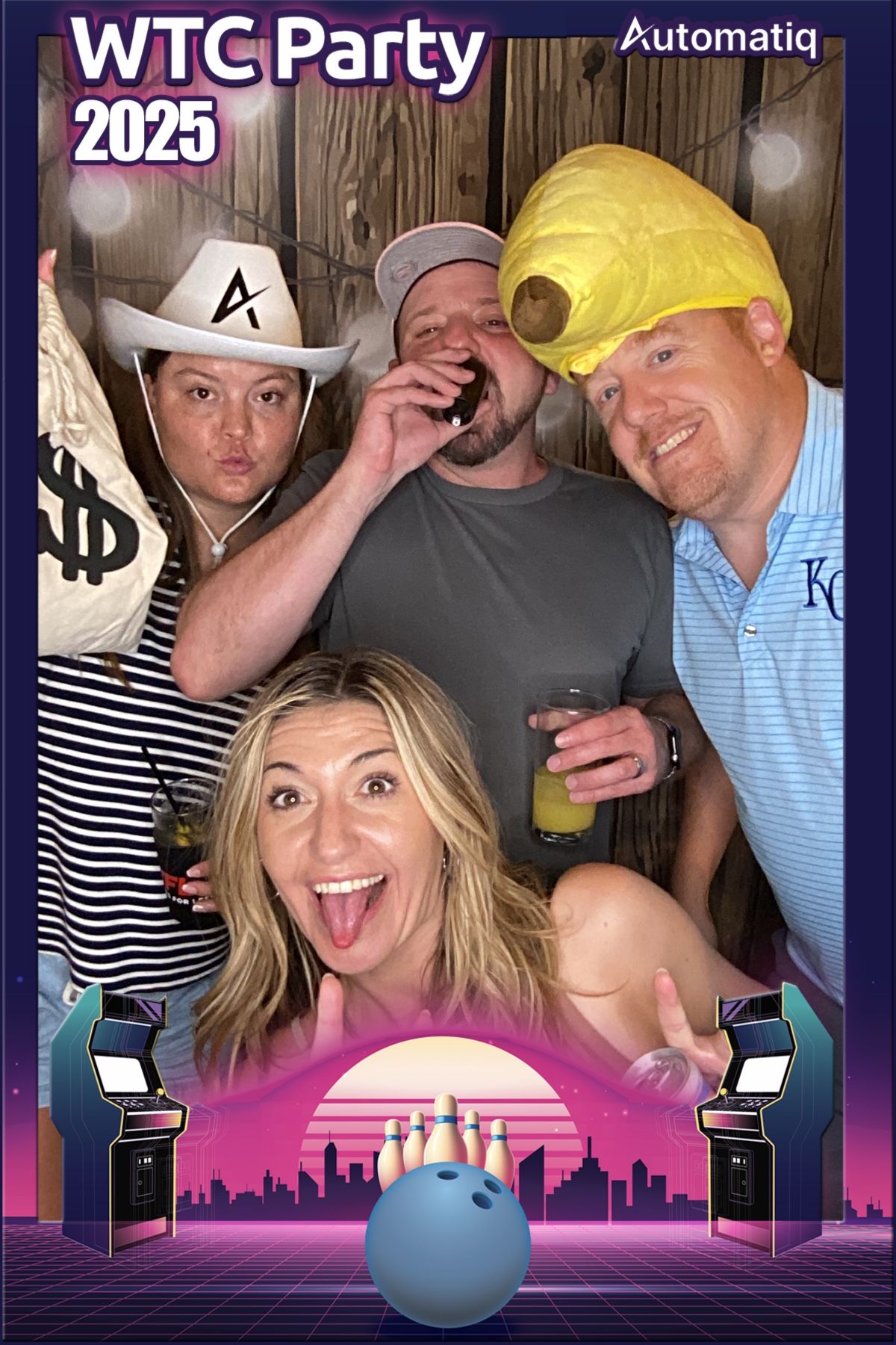 A series of photo booth style party images with colorful lighting and festive backgrounds at a WTC event.