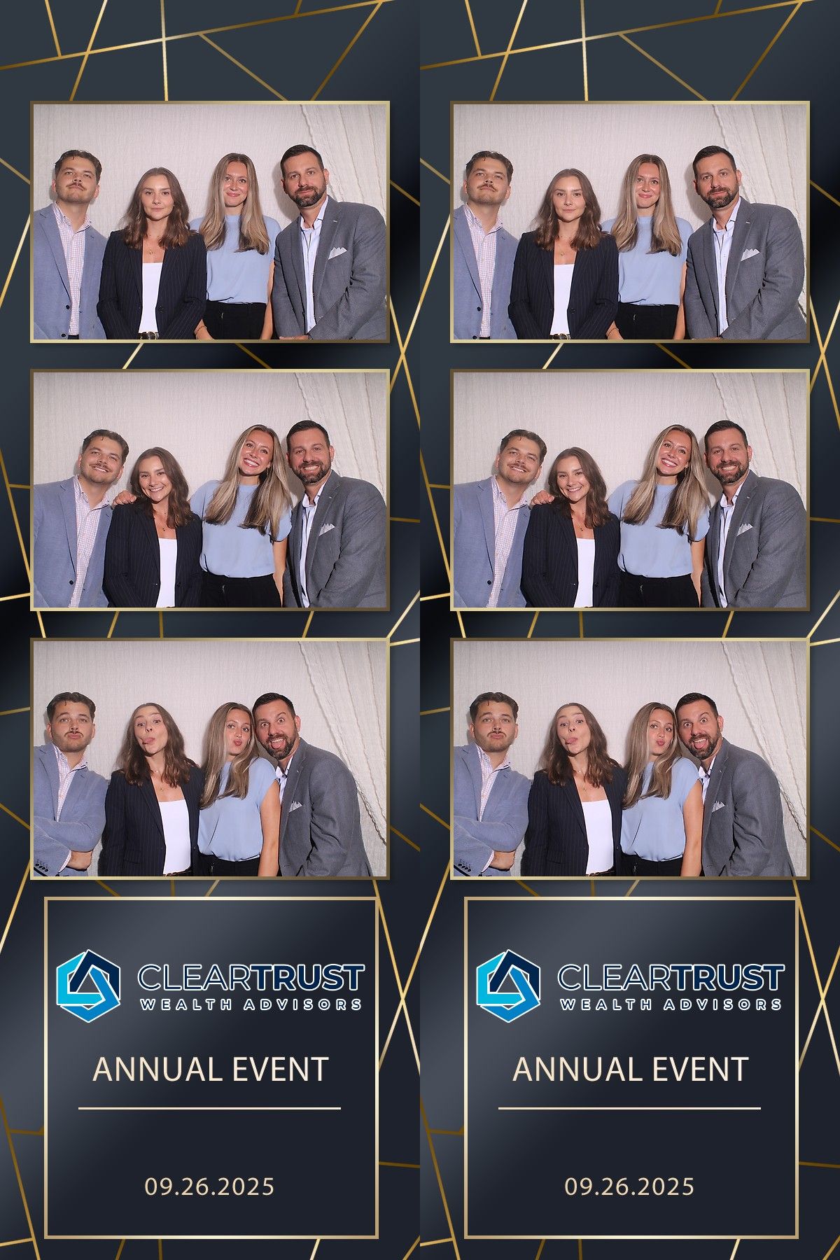 Photo booth strip showing corporate event photos with Clear Trust Wealth Advisors branding and annual event date.