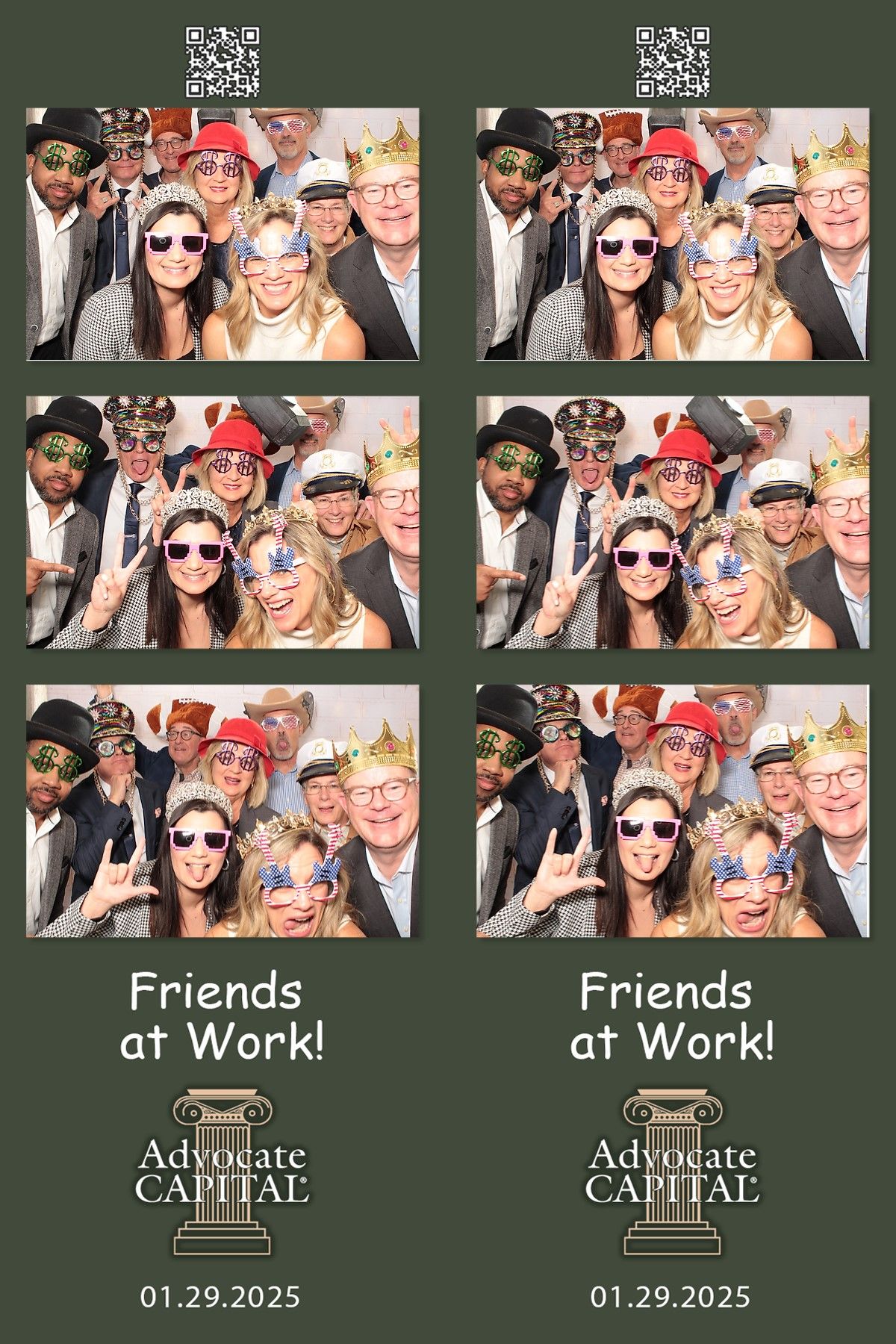 Photo booth strip showing four frames of coworkers posing together with props and sunglasses at a corporate event.