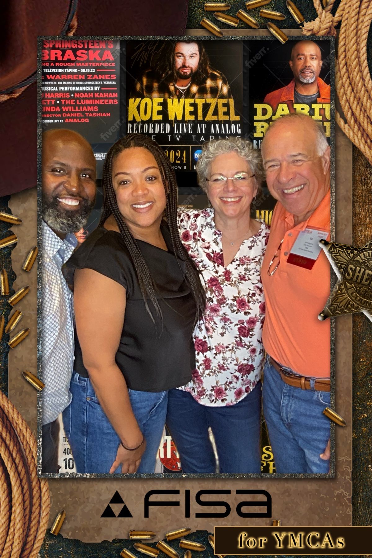 Casual group photo at an event with FISA branding visible in background.