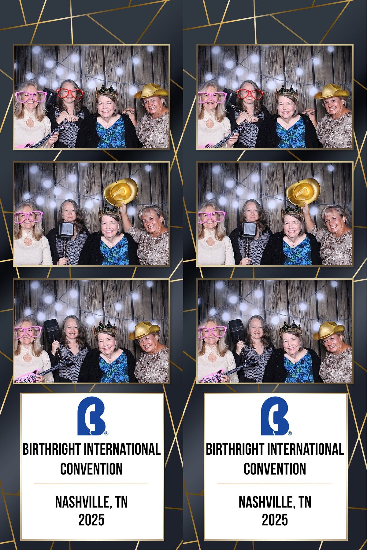 Photo booth template layout for Birthdayt International Convention 2025 in Nashville with geometric gold accents.