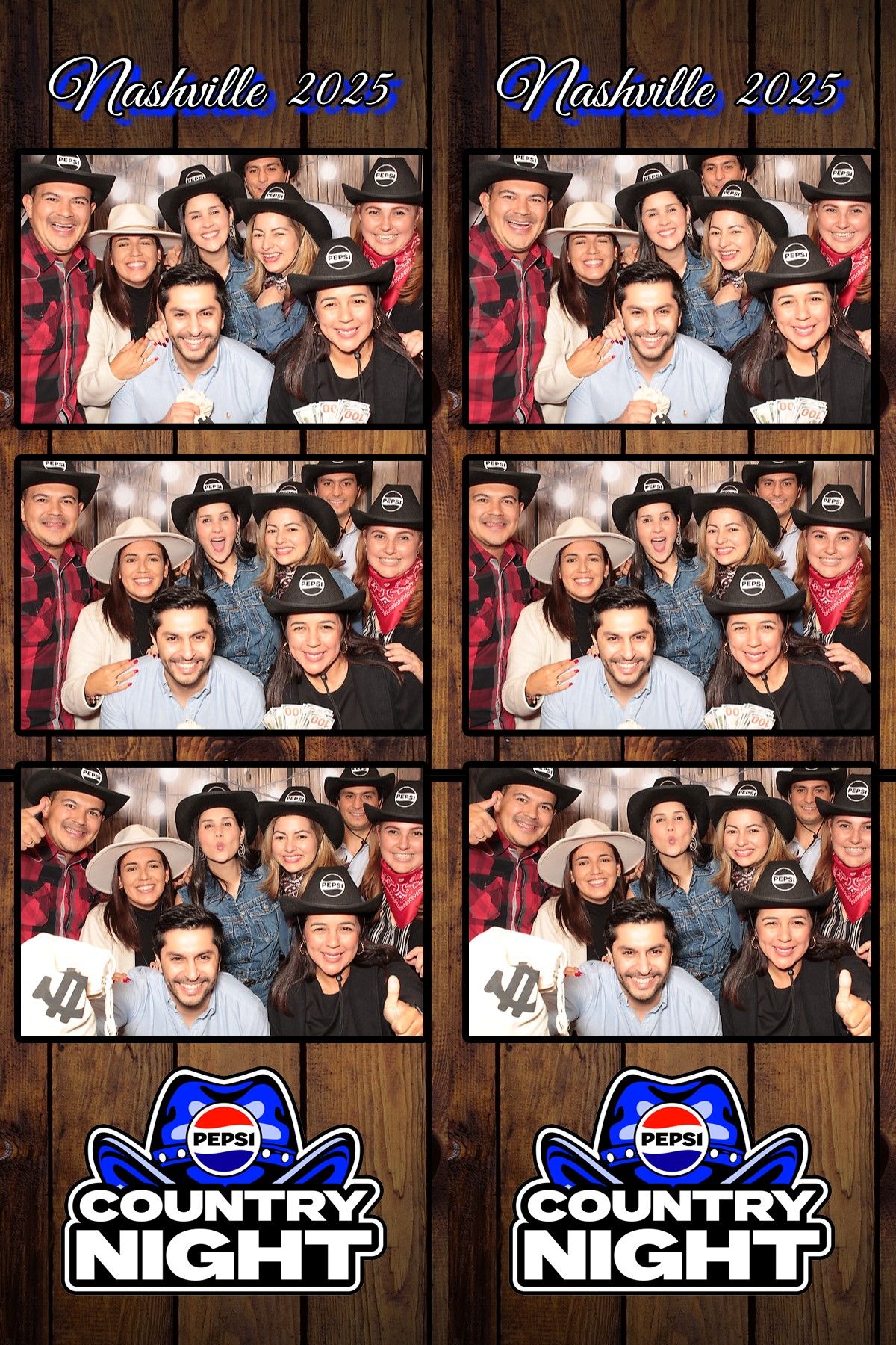 Photo booth strip showing multiple poses against wooden background with Country Night branding.