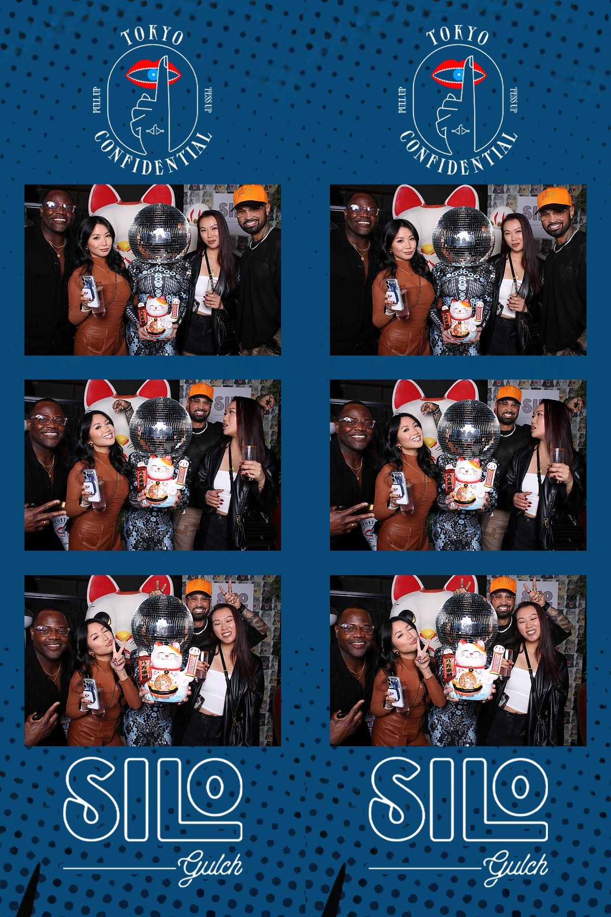 Photo booth style collage with multiple frames showing people posing with a disco ball against a dark blue background.