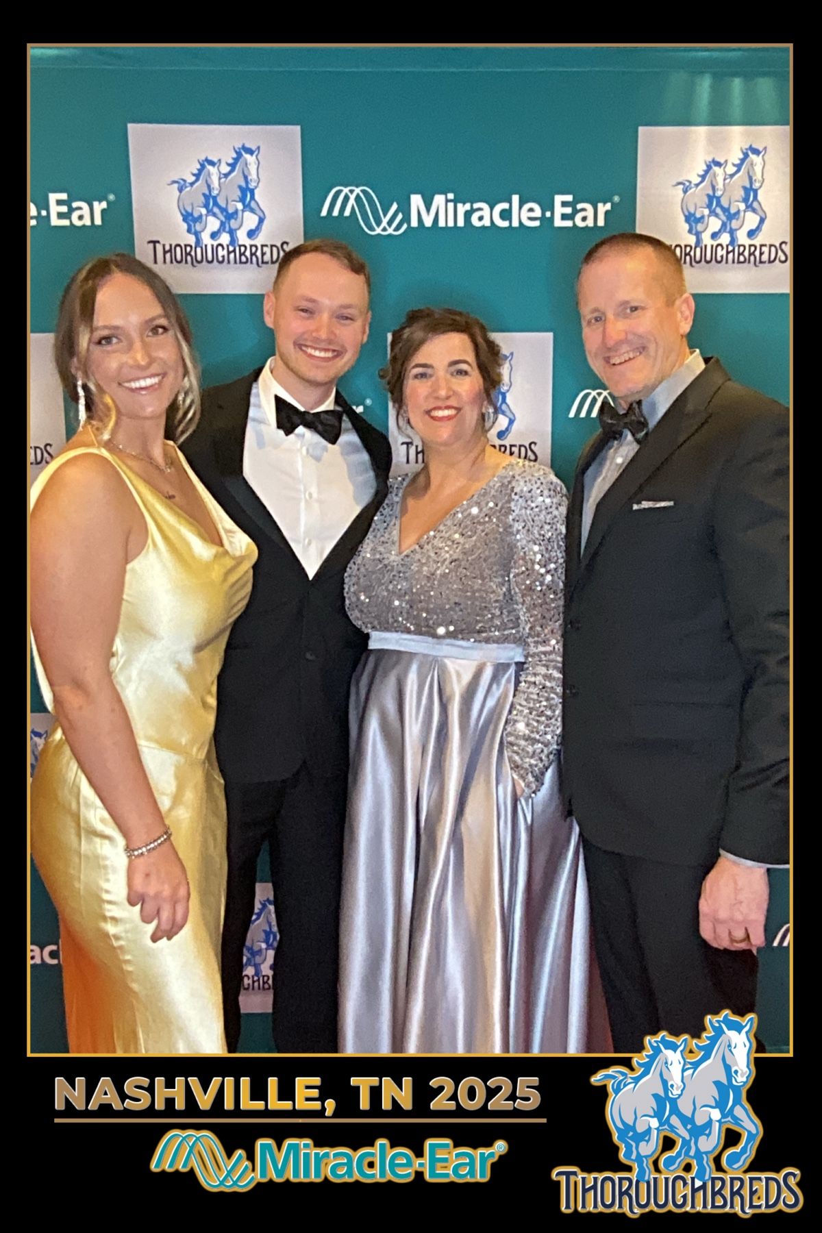 Formal group photos at Miracle-Ear Nashville 2025 event with branded backdrop.