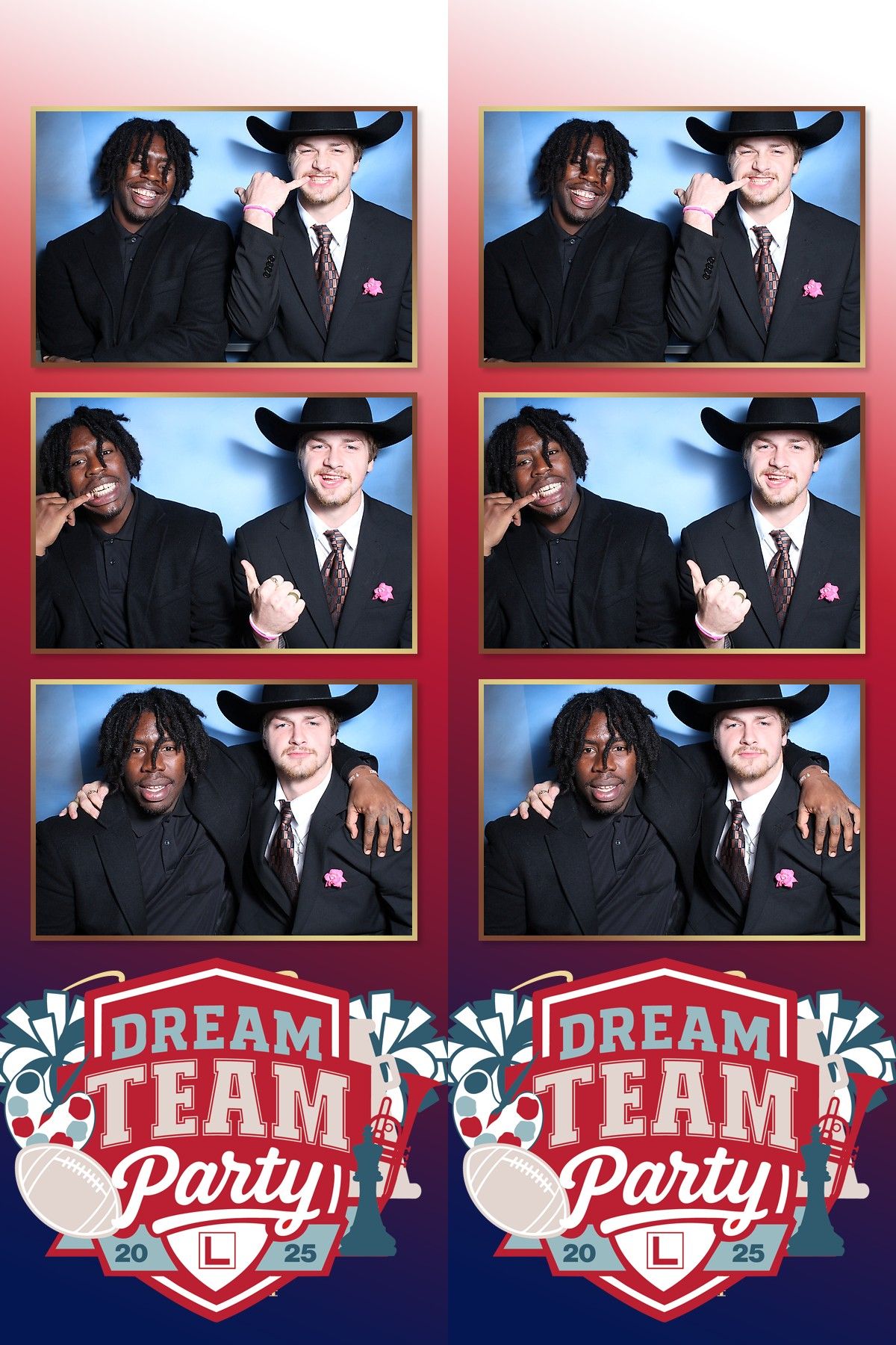 Photo booth strip showing two people posing together with a Dream Team themed backdrop and decorative graphics.