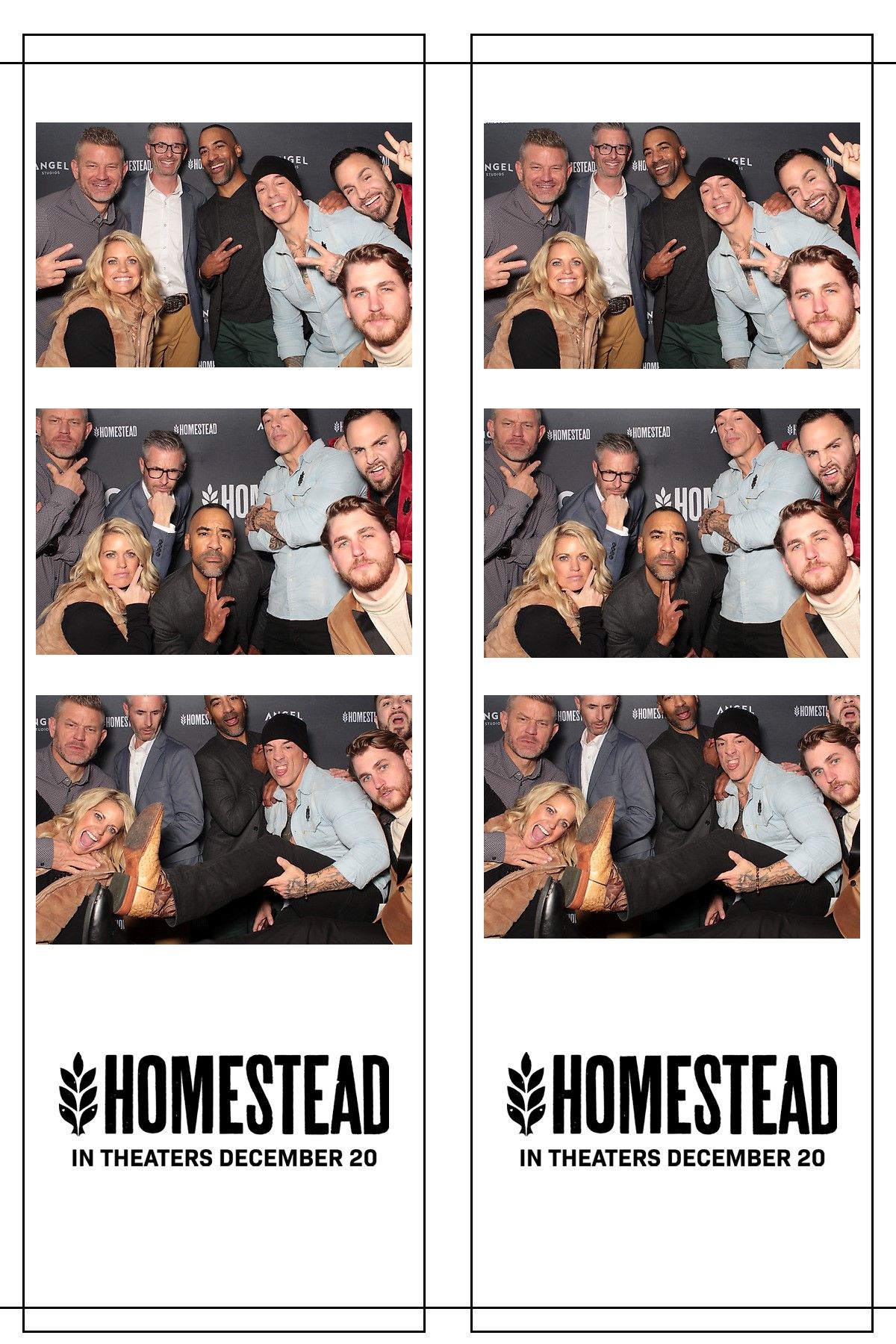 Series of photo booth frames with Homestead movie promotion and theatrical release date.