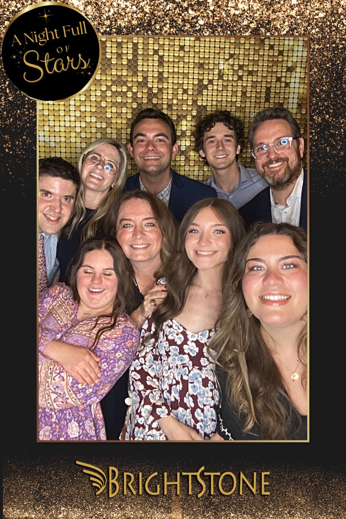 Group photo booth collage with gold sparkly background and Brightstone branding at a formal event.