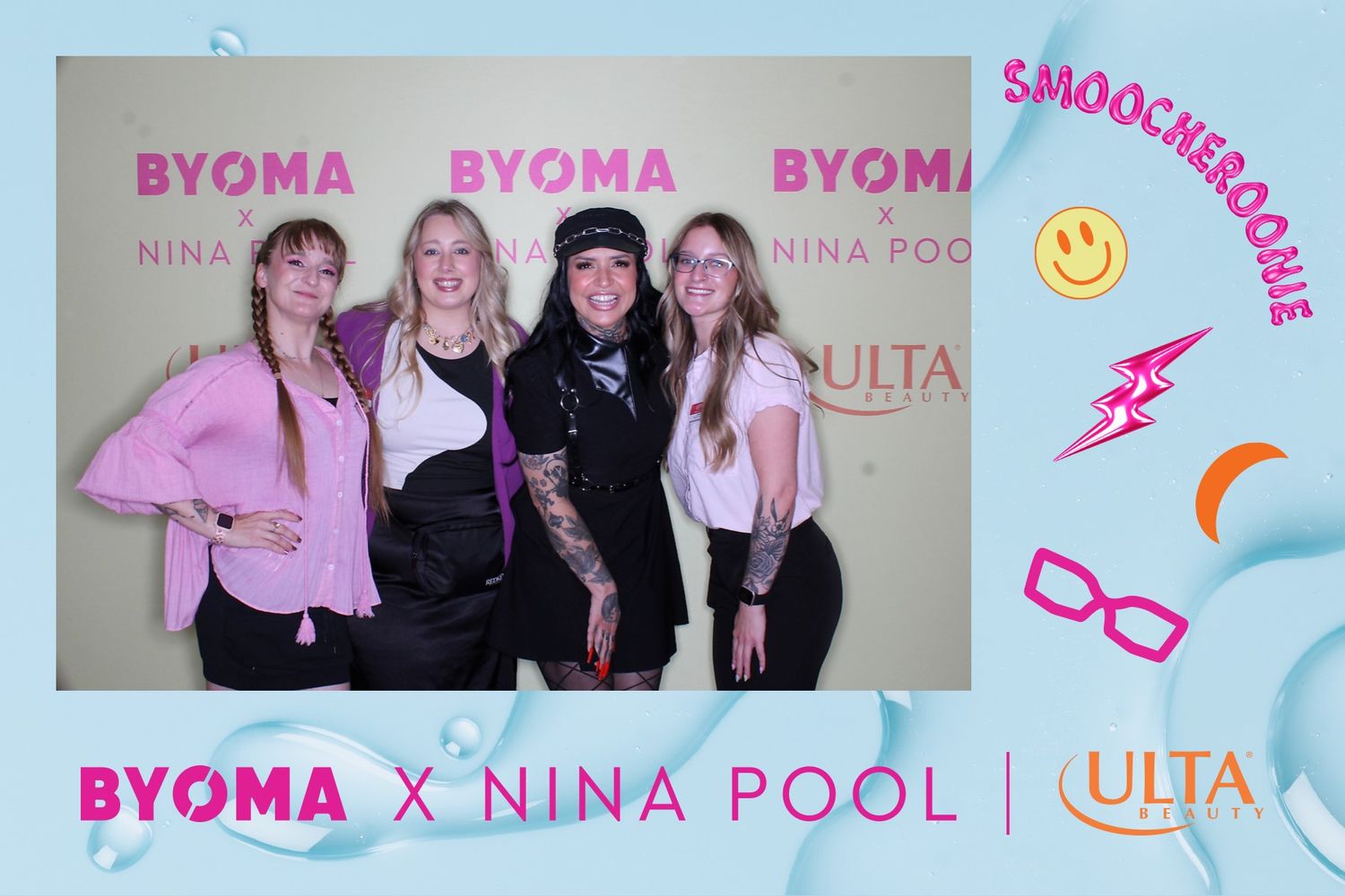 Pink and white promotional banner featuring text BYOMA X NINA POOL against a pastel background.