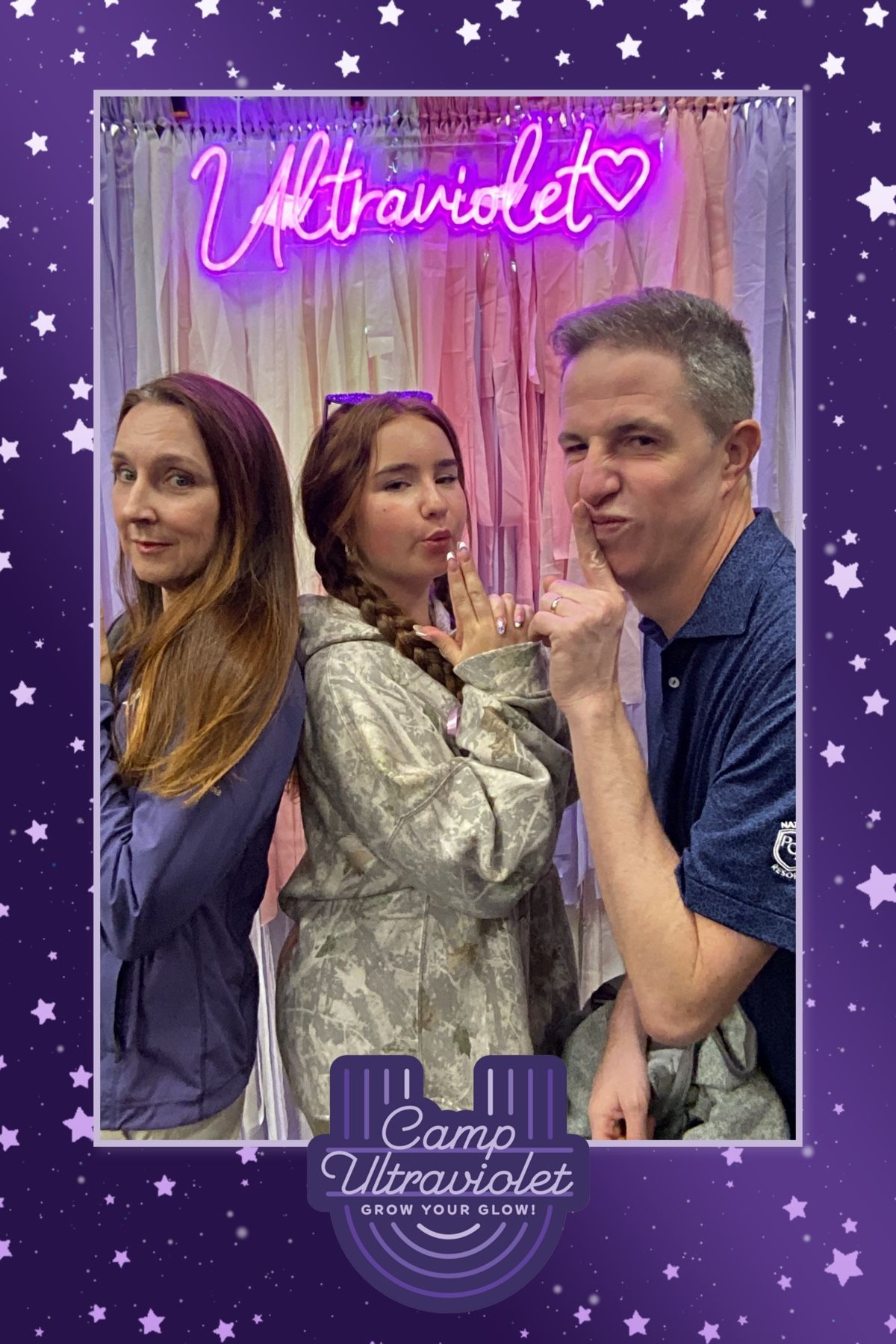 Series of photo booth shots with purple starry background showing people posing playfully.
