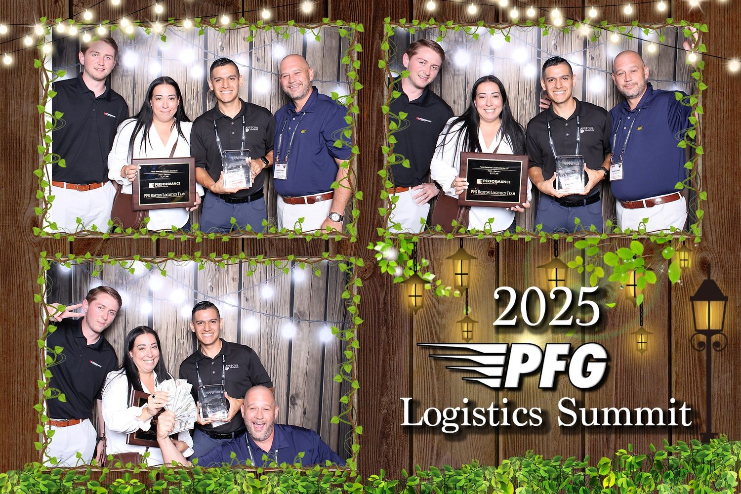 Corporate event photos showing groups of people at a logistics summit with string lights and wooden backdrop.