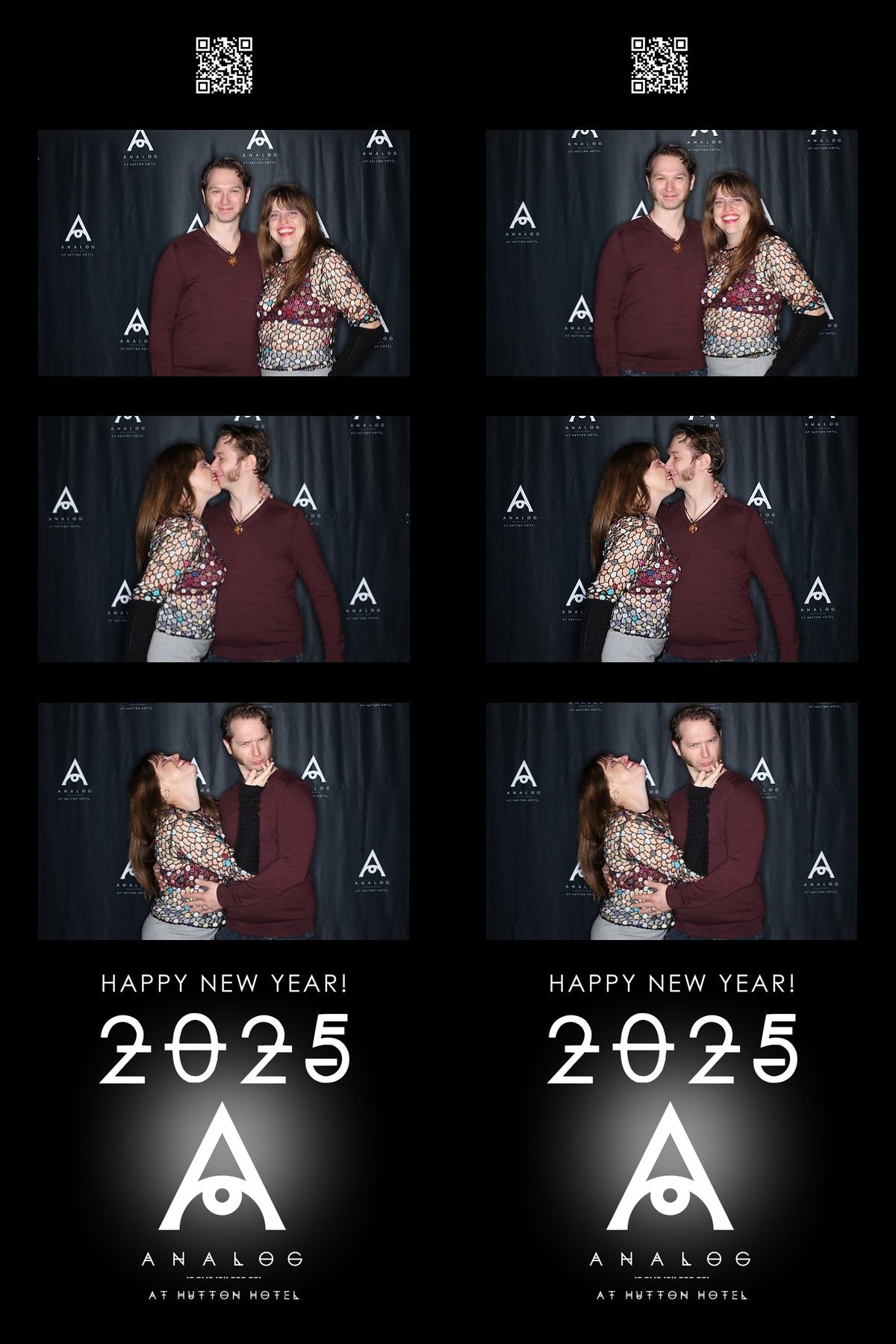 Photo booth grid showing couples posing against a dark backdrop with Analog 2025 New Year branding.