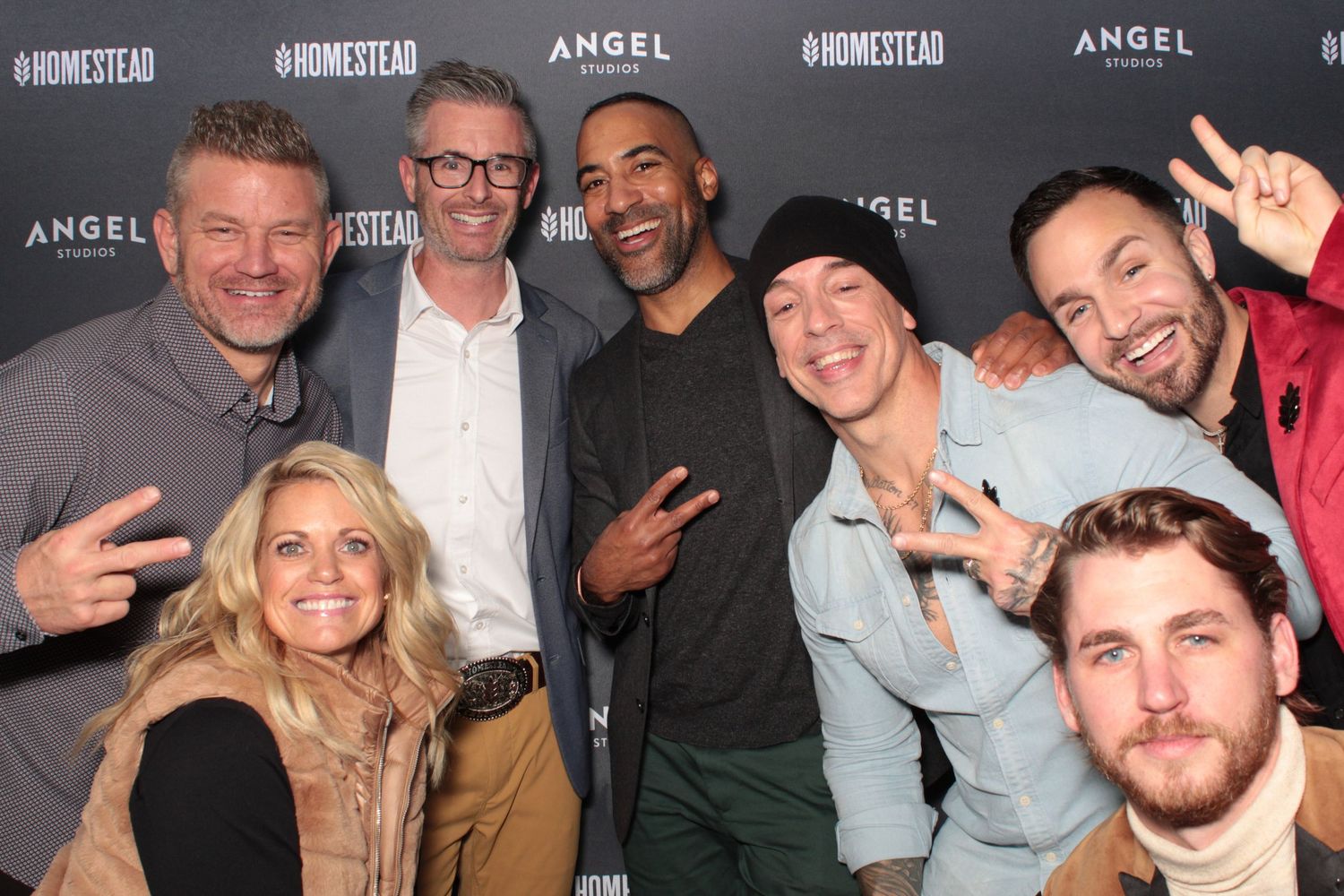 A series of group photos showing people posing together at what appears to be an Angel event or premiere.
