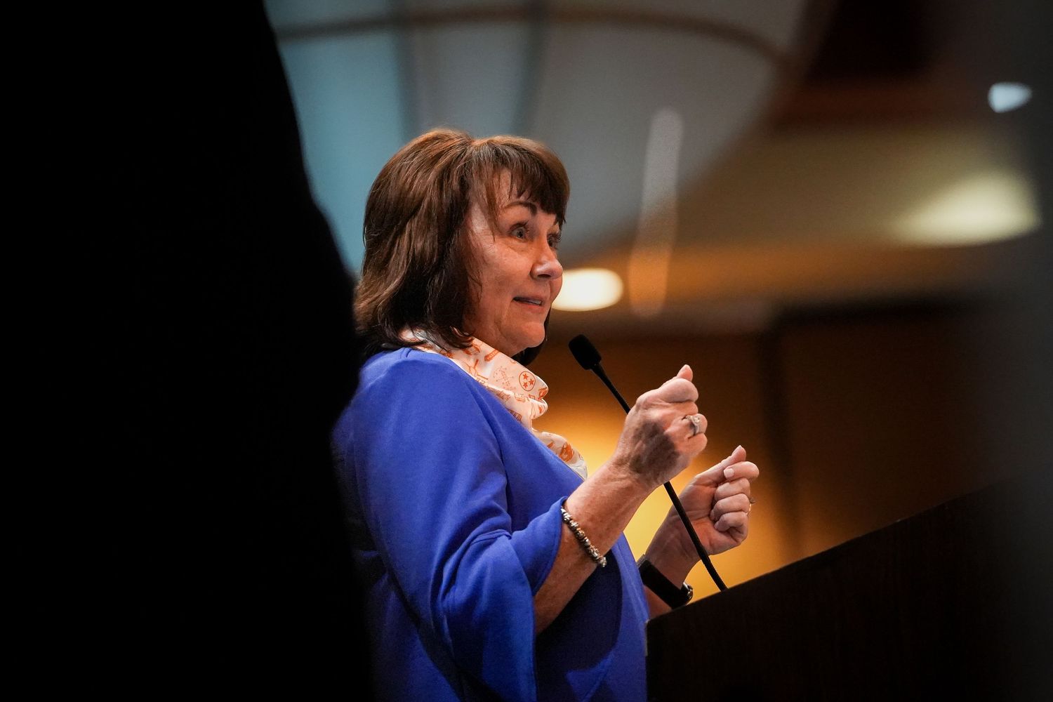 Person in blue speaking animatedly during a presentation or speech.