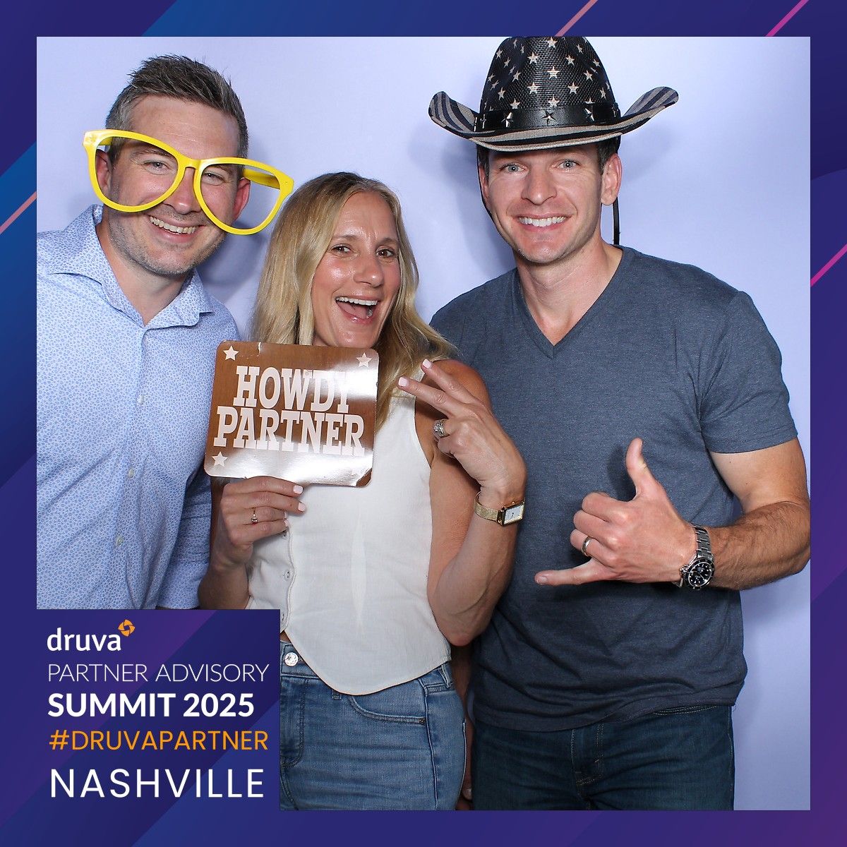 Photo booth images of attendees at a Nashville partner summit posing with props against a blue backdrop.